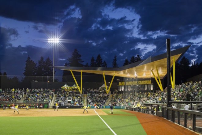Jane Sanders Stadium at University of Oregon, LEED Gold stadium design, University of Oregon softball stadium, Jane Sanders Stadium by SRG Partnership, University of Oregon stadium by SRG Partnership, Oregon Model for Sustainable Development, energy efficient stadium design,