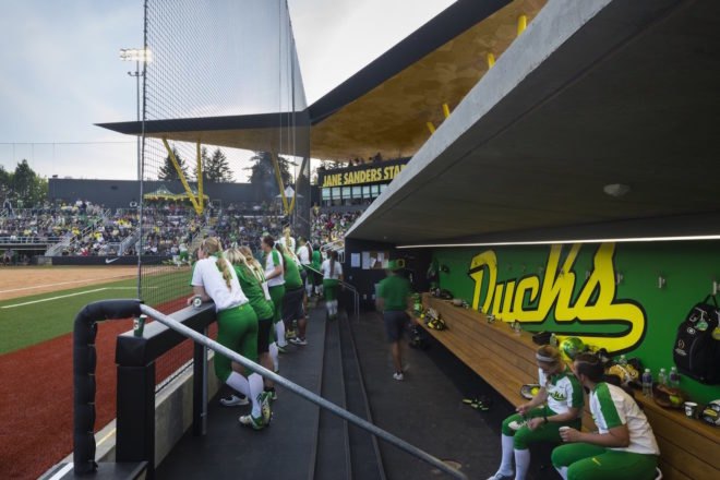 Jane Sanders Stadium at University of Oregon, LEED Gold stadium design, University of Oregon softball stadium, Jane Sanders Stadium by SRG Partnership, University of Oregon stadium by SRG Partnership, Oregon Model for Sustainable Development, energy efficient stadium design,