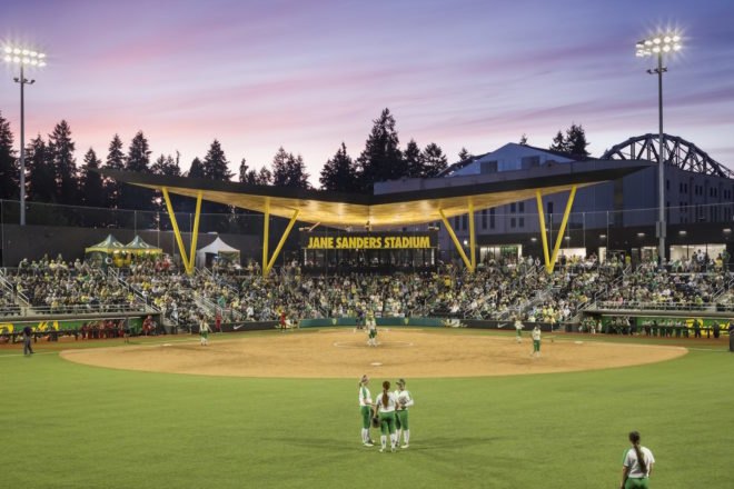 Jane Sanders Stadium at University of Oregon, LEED Gold stadium design, University of Oregon softball stadium, Jane Sanders Stadium by SRG Partnership, University of Oregon stadium by SRG Partnership, Oregon Model for Sustainable Development, energy efficient stadium design,