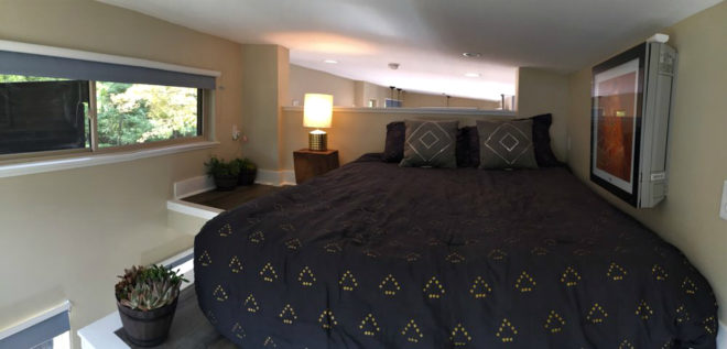 Asha Mevlana, Amplified Tiny House, tiny home living, small homes, Tiny House Nation, concert tiny home, tiny concert spaces, music homes, tiny home design, recycled denim, repurposed insulation, "amplified" trailer, recycled denim soundproofing, Ecovet Furniture, reclaimed wood, unique tiny homes, boat speakers, musical structures, musial tiny home,