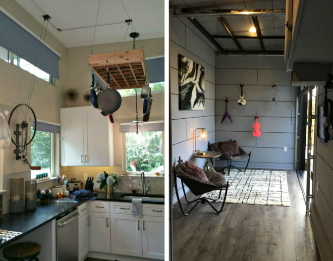 Asha Mevlana, Amplified Tiny House, tiny home living, small homes, Tiny House Nation, concert tiny home, tiny concert spaces, music homes, tiny home design, recycled denim, repurposed insulation, "amplified" trailer, recycled denim soundproofing, Ecovet Furniture, reclaimed wood, unique tiny homes, boat speakers, musical structures, musial tiny home,