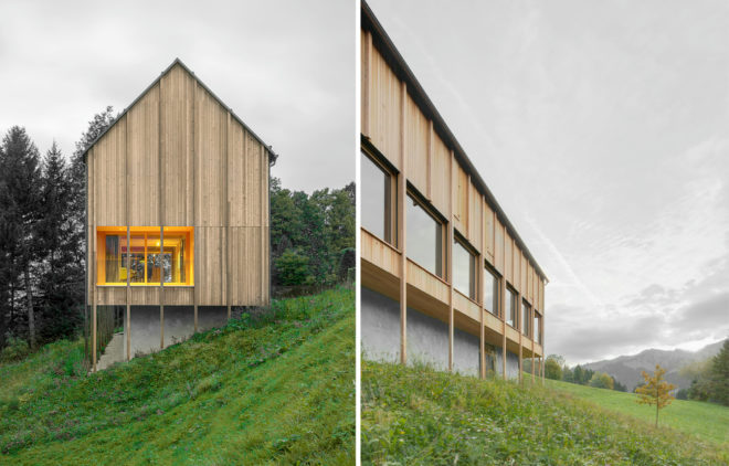 Haus am Stürcherwald, Bernardo Bader Architekten, wooden cabins, timber cabins, country cabins, low-impact construction, off grid getaways, wood building material, minimalist architecture, larch facade, a frame cabins, cabin design, wood structures,