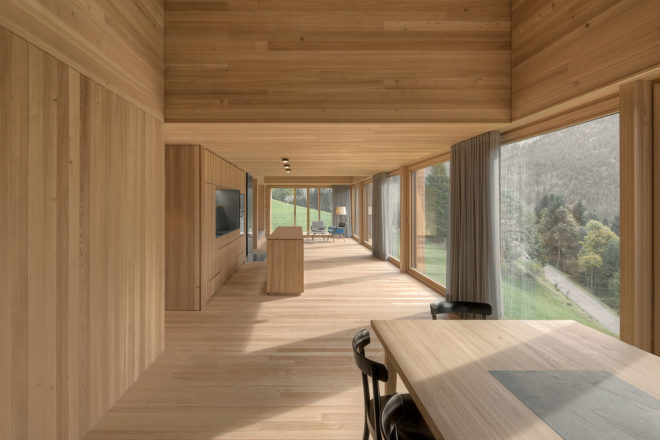 Haus am Stürcherwald, Bernardo Bader Architekten, wooden cabins, timber cabins, country cabins, low-impact construction, off grid getaways, wood building material, minimalist architecture, larch facade, a frame cabins, cabin design, wood structures,