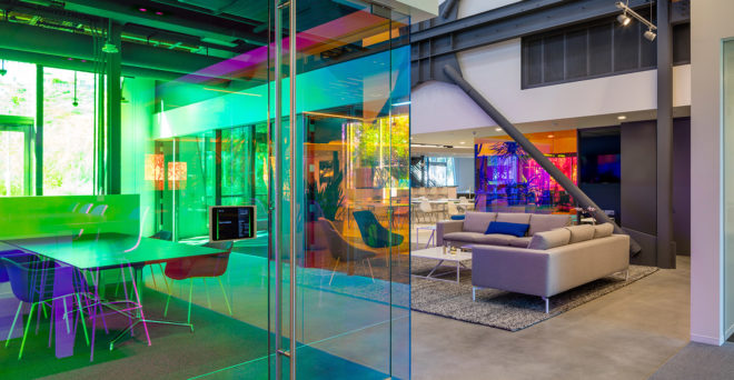 Canvas Worldwide headquarters, Silicon Beach, green headquarters, dichroic glass, Canvas Worldwide, Architecture Plus Information, natural light, flexible spaces, meeting spaces, green architecture, green interior