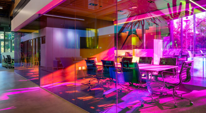 Canvas Worldwide headquarters, Silicon Beach, green headquarters, dichroic glass, Canvas Worldwide, Architecture Plus Information, natural light, flexible spaces, meeting spaces, green architecture, green interior