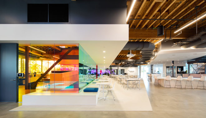 Canvas Worldwide headquarters, Silicon Beach, green headquarters, dichroic glass, Canvas Worldwide, Architecture Plus Information, natural light, flexible spaces, meeting spaces, green architecture, green interior