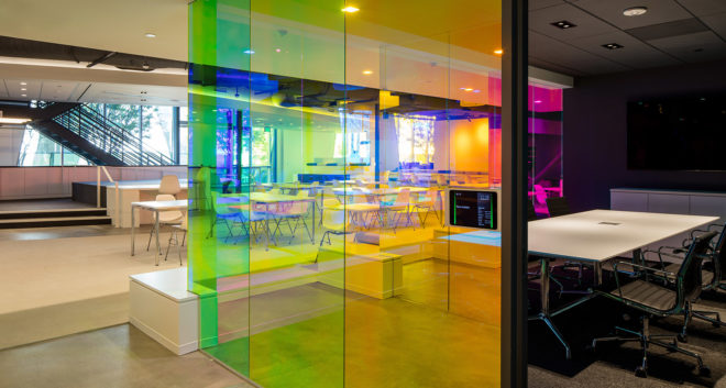 Canvas Worldwide headquarters, Silicon Beach, green headquarters, dichroic glass, Canvas Worldwide, Architecture Plus Information, natural light, flexible spaces, meeting spaces, green architecture, green interior