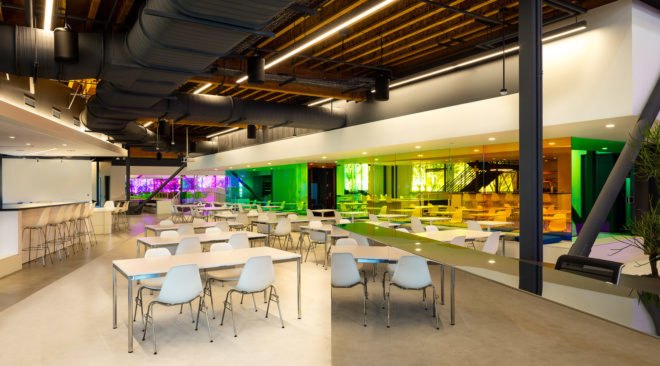 Canvas Worldwide headquarters, Silicon Beach, green headquarters, dichroic glass, Canvas Worldwide, Architecture Plus Information, natural light, flexible spaces, meeting spaces, green architecture, green interior