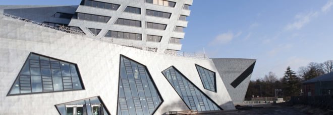 Leuphana Central Building, Studio Libeskind, green roof, Germany, zinc cladding, zero-emission, atrium, skylights, green architecture, exposed concrete, renewable energy sources