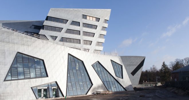 Leuphana Central Building, Studio Libeskind, green roof, Germany, zinc cladding, zero-emission, atrium, skylights, green architecture, exposed concrete, renewable energy sources