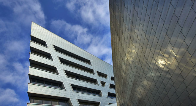 Leuphana Central Building, Studio Libeskind, green roof, Germany, zinc cladding, zero-emission, atrium, skylights, green architecture, exposed concrete, renewable energy sources