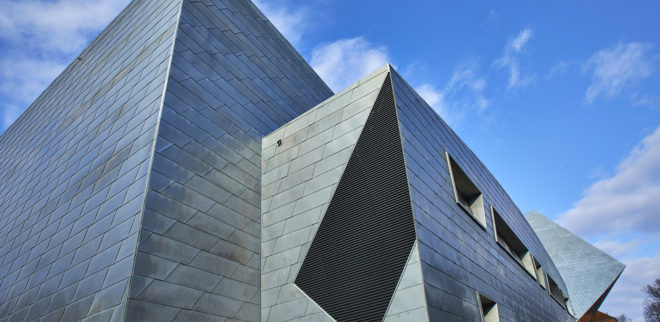 Leuphana Central Building, Studio Libeskind, green roof, Germany, zinc cladding, zero-emission, atrium, skylights, green architecture, exposed concrete, renewable energy sources