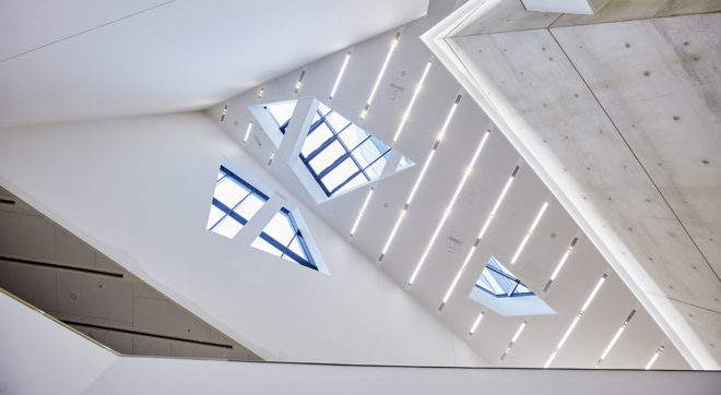 Leuphana Central Building, Studio Libeskind, green roof, Germany, zinc cladding, zero-emission, atrium, skylights, green architecture, exposed concrete, renewable energy sources