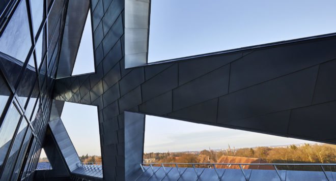 Leuphana Central Building, Studio Libeskind, green roof, Germany, zinc cladding, zero-emission, atrium, skylights, green architecture, exposed concrete, renewable energy sources