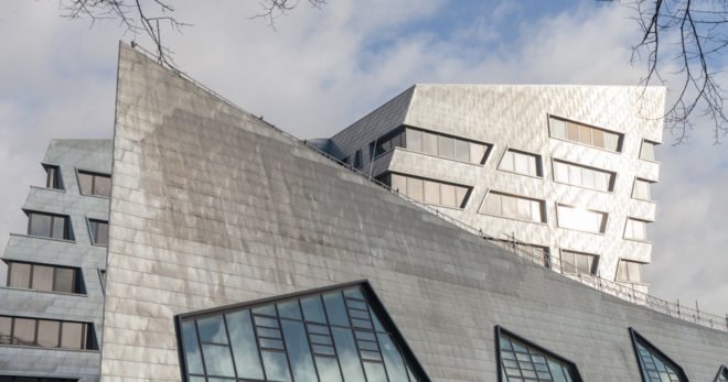 Leuphana Central Building, Studio Libeskind, green roof, Germany, zinc cladding, zero-emission, atrium, skylights, green architecture, exposed concrete, renewable energy sources