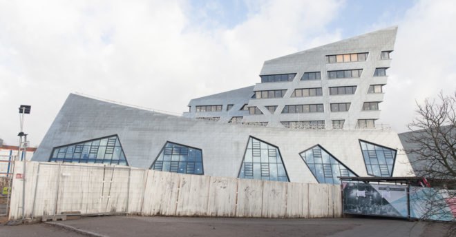 Leuphana Central Building, Studio Libeskind, green roof, Germany, zinc cladding, zero-emission, atrium, skylights, green architecture, exposed concrete, renewable energy sources