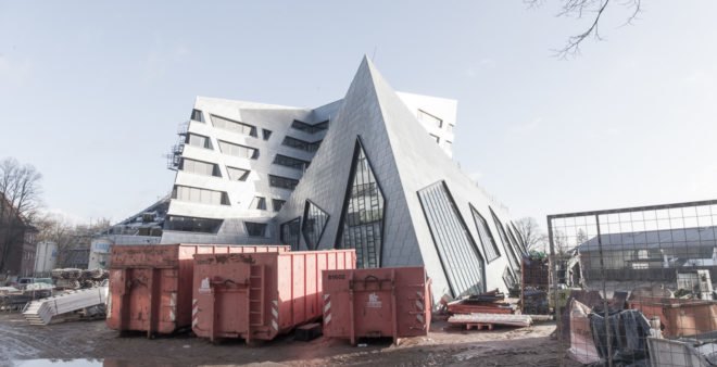 Leuphana Central Building, Studio Libeskind, green roof, Germany, zinc cladding, zero-emission, atrium, skylights, green architecture, exposed concrete, renewable energy sources