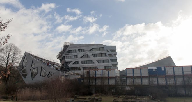Leuphana Central Building, Studio Libeskind, green roof, Germany, zinc cladding, zero-emission, atrium, skylights, green architecture, exposed concrete, renewable energy sources
