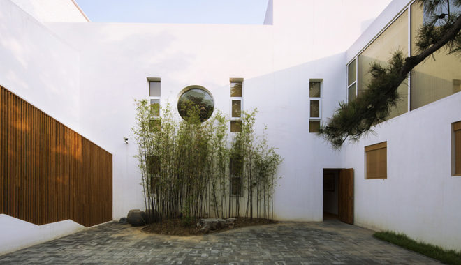 Elongated Industrial Box, Ding Hui Yuan Zen & Tea Chamber, He Wei Studio / 3andwich Design, green renovation, factory renovation, Beijing, Chinese garden, inner courtyard, meditation room, green architecture, office space, ramps and walkways