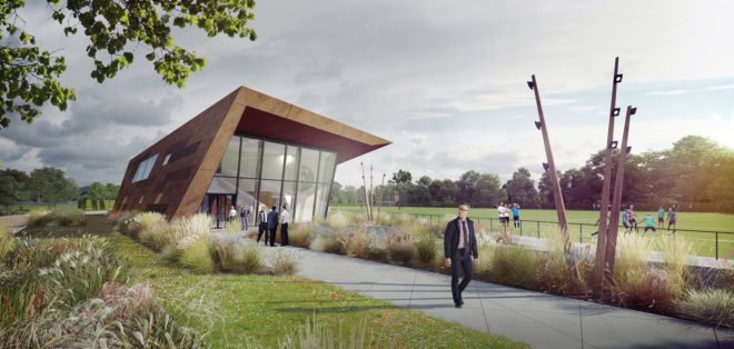 Feynoord Training Complex, Moederscheim Moonen Architects, football, sports architecture, masterplan, Rotterdam, perforated facade, green architecture, weathered steel, overhanging roof