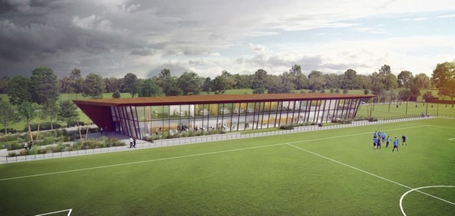 Feynoord Training Complex, Moederscheim Moonen Architects, football, sports architecture, masterplan, Rotterdam, perforated facade, green architecture, weathered steel, overhanging roof