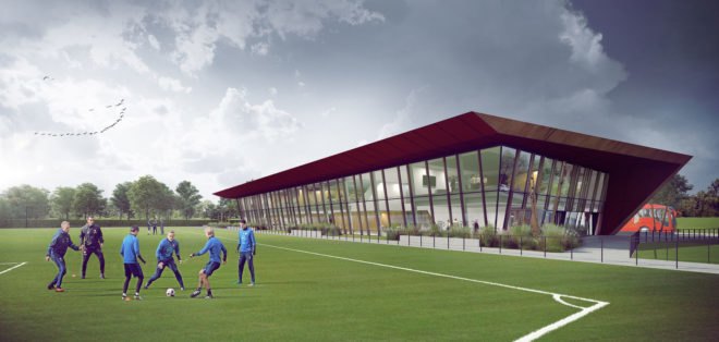 Feynoord Training Complex, Moederscheim Moonen Architects, football, sports architecture, masterplan, Rotterdam, perforated facade, green architecture, weathered steel, overhanging roof