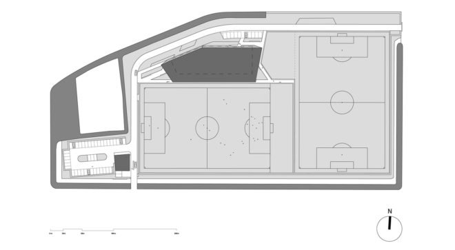Feynoord Training Complex, Moederscheim Moonen Architects, football, sports architecture, masterplan, Rotterdam, perforated facade, green architecture, weathered steel, overhanging roof