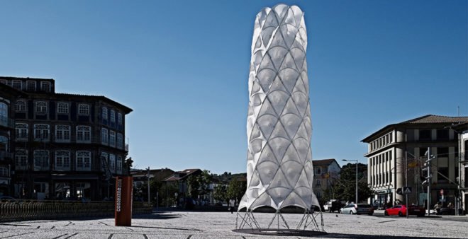 Hybrid Tower, CITA - Centre for Information Technology and Architecture, The Royal Danish Academy of Fine Arts, textile green tower, lightweight structure, Contextile, knitting, CNC machine, digital fabrication, green architecture