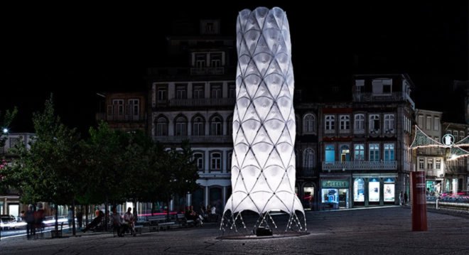 Hybrid Tower, CITA - Centre for Information Technology and Architecture, The Royal Danish Academy of Fine Arts, textile green tower, lightweight structure, Contextile, knitting, CNC machine, digital fabrication, green architecture