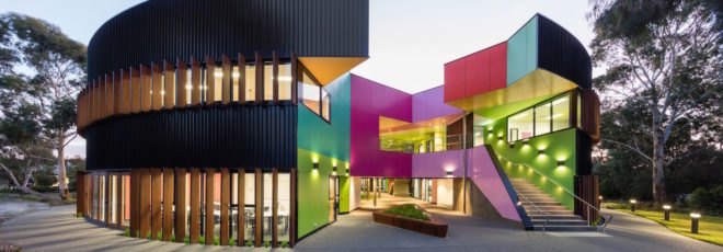 Ivanhoe Grammar Senior Years & Science Center by McBride Charles Ryan, school design by McBride Charles Ryan, colorful school architecture, WAN Color in Architecture Award winner, Ivanhoe Grammar School architecture,