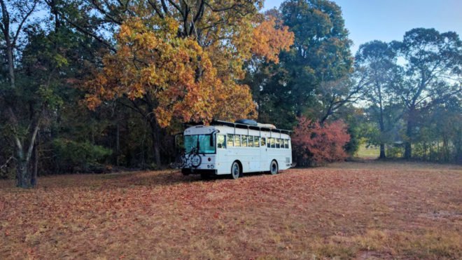 Natural State Nomads, converted school bus, solar-powered vehicle, green conversion, mobile home, solar power, composting toilet, green transportation