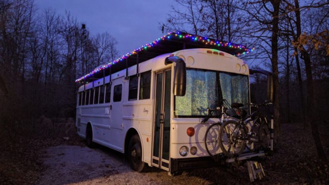 Natural State Nomads, converted school bus, solar-powered vehicle, green conversion, mobile home, solar power, composting toilet, green transportation
