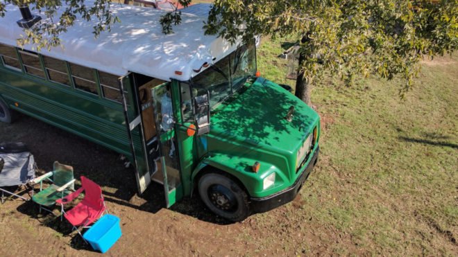 Natural State Nomads, converted school bus, solar-powered vehicle, green conversion, mobile home, solar power, composting toilet, green transportation