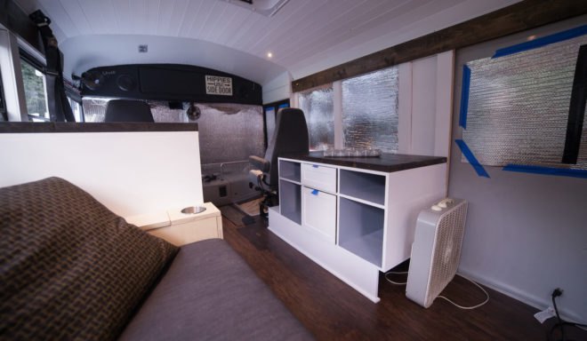 Natural State Nomads, converted school bus, solar-powered vehicle, green conversion, mobile home, solar power, composting toilet, green transportation