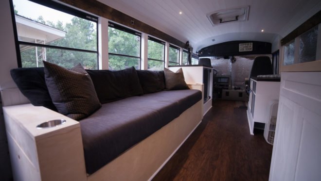 Natural State Nomads, converted school bus, solar-powered vehicle, green conversion, mobile home, solar power, composting toilet, green transportation