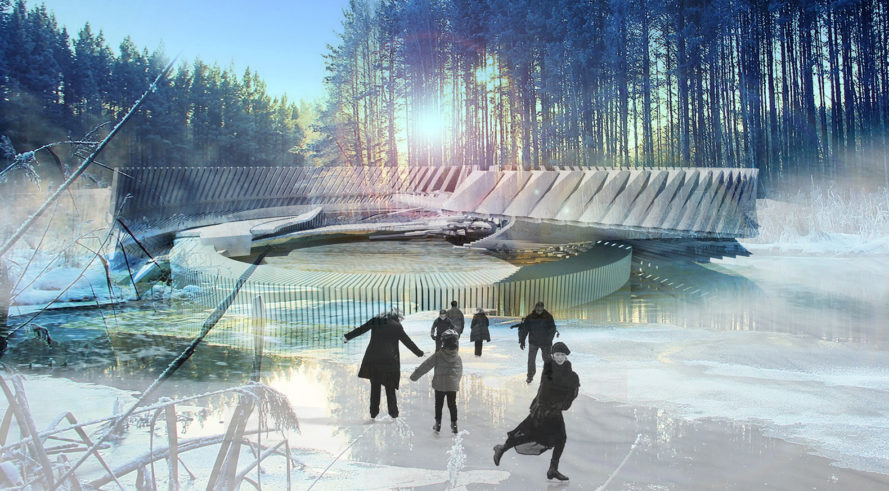 ice skating rink, Margot Krasojević Architects, Photovoltaic Ice Skating Rink, outdoor cinema, Russia, LED lights, solar power, geothermal energy, multi-use space, green architecture, cedar wood, solar canopy, flexible design