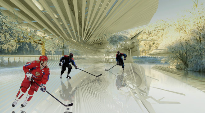 ice skating rink, Margot Krasojević Architects, Photovoltaic Ice Skating Rink, outdoor cinema, Russia, LED lights, solar power, geothermal energy, multi-use space, green architecture, cedar wood, solar canopy, flexible design