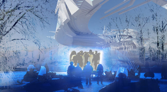 ice skating rink, Margot Krasojević Architects, Photovoltaic Ice Skating Rink, outdoor cinema, Russia, LED lights, solar power, geothermal energy, multi-use space, green architecture, cedar wood, solar canopy, flexible design