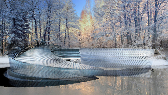 ice skating rink, Margot Krasojević Architects, Photovoltaic Ice Skating Rink, outdoor cinema, Russia, LED lights, solar power, geothermal energy, multi-use space, green architecture, cedar wood, solar canopy, flexible design
