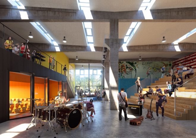 Roskilde Festival Folk High School by MVRDV and COBE, renovated cement factory, alternative high school in Denmark, alternative school in Roskilde, ROCKmagneten masterplan, ROCKmagneten folk high school