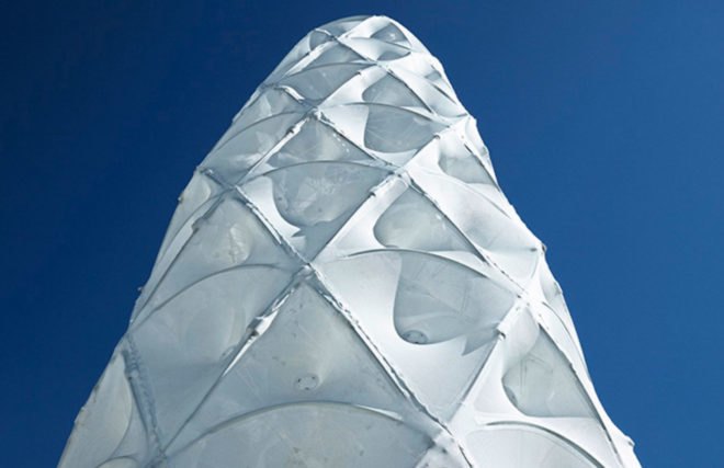 Hybrid Tower, CITA - Centre for Information Technology and Architecture, The Royal Danish Academy of Fine Arts, textile green tower, lightweight structure, Contextile, knitting, CNC machine, digital fabrication, green architecture