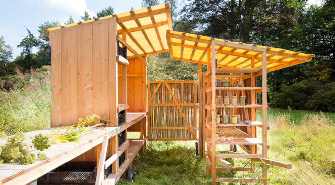 The Weedgrocer, Overtreders W, mobile structure, fieldwork station, weeds, the Netherlands, urban vegetation, green design, transforming furniture, douglas fir, cabinets, field kitchen