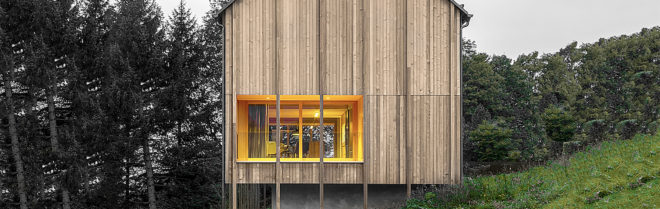 Haus am Stürcherwald, Bernardo Bader Architekten, wooden cabins, timber cabins, country cabins, low-impact construction, off grid getaways, wood building material, minimalist architecture, larch facade, a frame cabins, cabin design, wood structures,