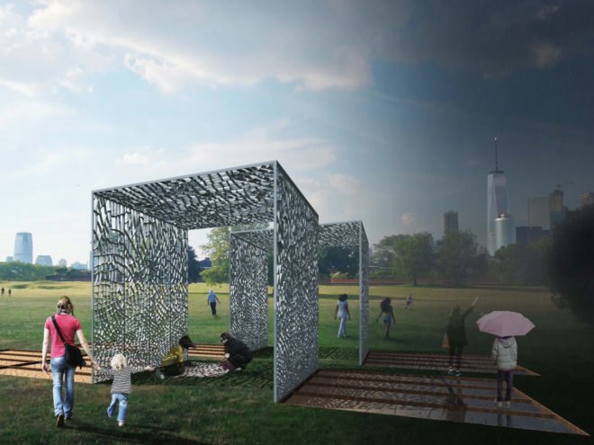 Cast & Place: City of Dreams, Governors Island, New York City, New York, NYC, recycled architecture, recycled aluminum cans, upcycled aluminum cans, Team Aesop, Figment, Josh Draper, PrePost/RPI-Case, Lisa Ramsburg, Powell Draper, Schlaich Bergermann Partner, Edward M. Segal, Hosfra University, Max Dowd, Cooper Union, Structural Engineers Association of New York, City of Dreams Pavilion, American Institute of Architects New York Chapter