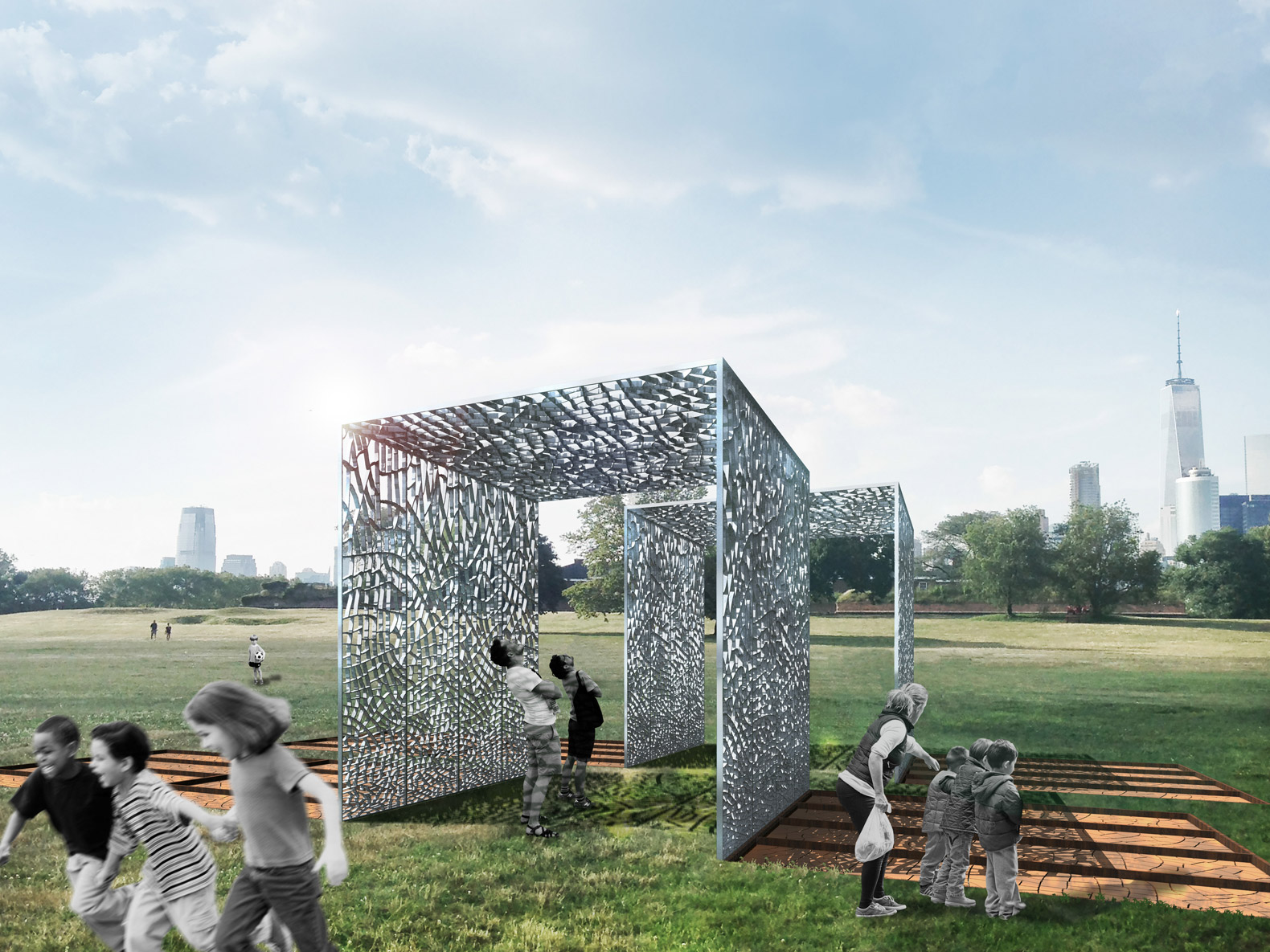 Cast & Place: City of Dreams, Governors Island, New York City, New York, NYC, recycled architecture, recycled aluminum cans, upcycled aluminum cans, Team Aesop, Figment, Josh Draper, PrePost/RPI-Case, Lisa Ramsburg, Powell Draper, Schlaich Bergermann Partner, Edward M. Segal, Hosfra University, Max Dowd, Cooper Union, Structural Engineers Association of New York, City of Dreams Pavilion, American Institute of Architects New York Chapter