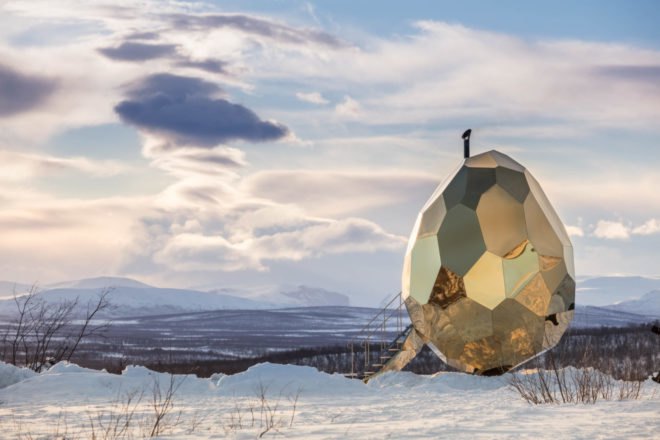 Studio Bigert & Bergström, swedish design, Kiruna sauna, mining towns sweden, Solar Egg, solar pods, solar-powered suanas, solar saunas, sweden saunas, urban design, titanium gold solar egg, LED lighting, solar panels, solar power, LED lights,