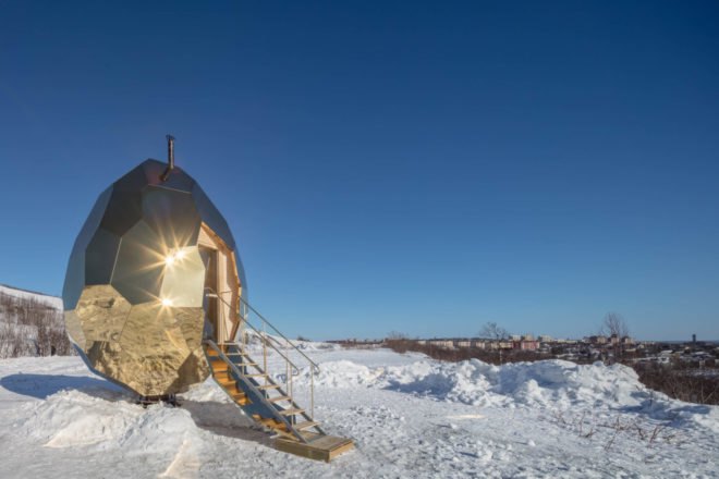 Studio Bigert & Bergström, swedish design, Kiruna sauna, mining towns sweden, Solar Egg, solar pods, solar-powered suanas, solar saunas, sweden saunas, urban design, titanium gold solar egg, LED lighting, solar panels, solar power, LED lights,