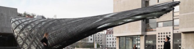ICD ITKE Research Pavilion 2016 17 by University of Stuttgart, biomimetic architecture, robotically constructed architecture, digital fabrication architecture, drones building architecture, carbon fiber woven pavilion, carbon fiber pavilion, carbon fiber composite architecture