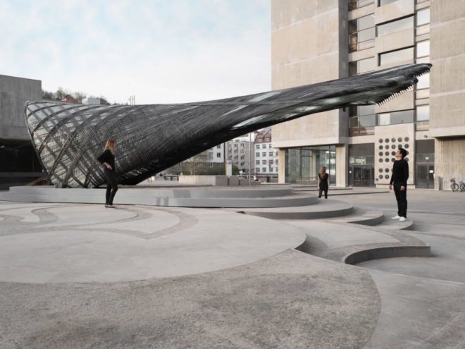 ICD ITKE Research Pavilion 2016 17 by University of Stuttgart, biomimetic architecture, robotically constructed architecture, digital fabrication architecture, drones building architecture, carbon fiber woven pavilion, carbon fiber pavilion, carbon fiber composite architecture