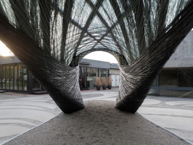 ICD ITKE Research Pavilion 2016 17 by University of Stuttgart, biomimetic architecture, robotically constructed architecture, digital fabrication architecture, drones building architecture, carbon fiber woven pavilion, carbon fiber pavilion, carbon fiber composite architecture
